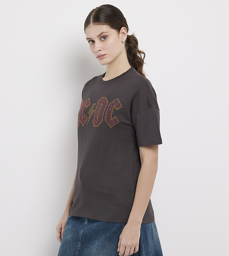 AC DC Studded Short Sleeves Oversized  T-Shirt