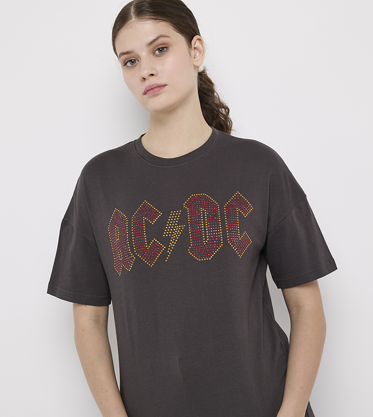 AC DC Studded Short Sleeves Oversized  T-Shirt