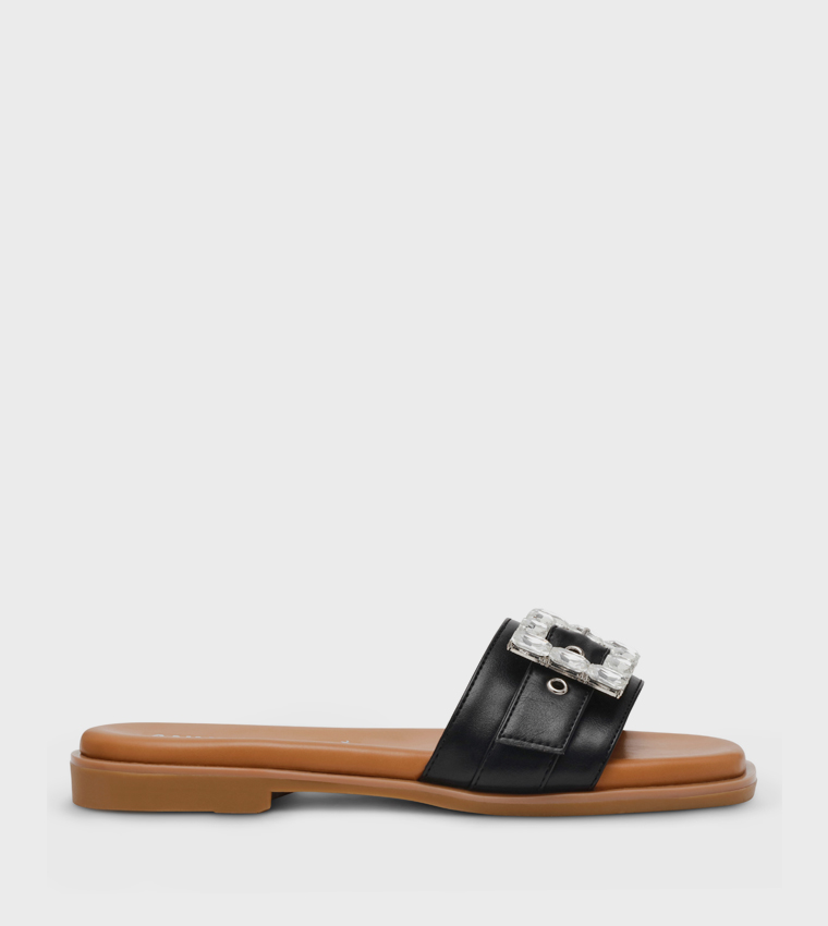 آن كلاين  الصنادل المسطحة - أسود Flat Sandals