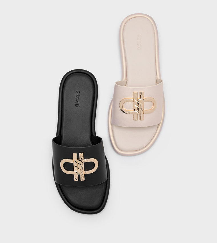 ICON Logo Detail Leather Flat Sandals