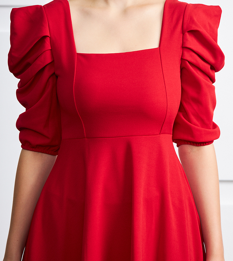 Solid Square Neck Puff Atlas Midi Dress