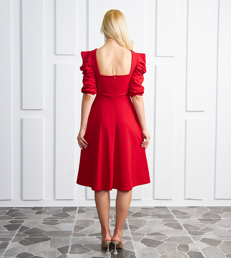 Solid Square Neck Puff Atlas Midi Dress