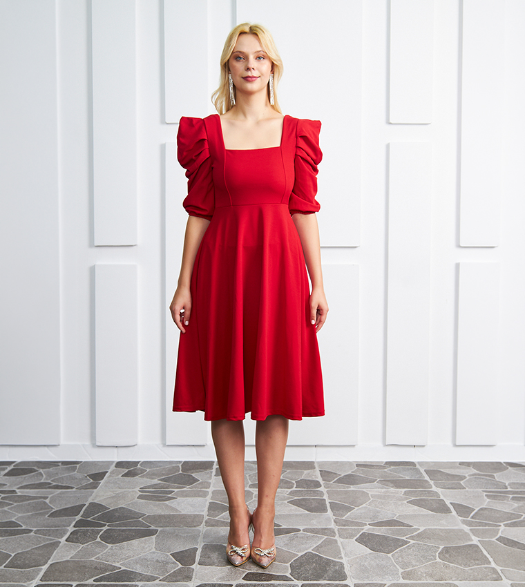 Solid Square Neck Puff Atlas Midi Dress
