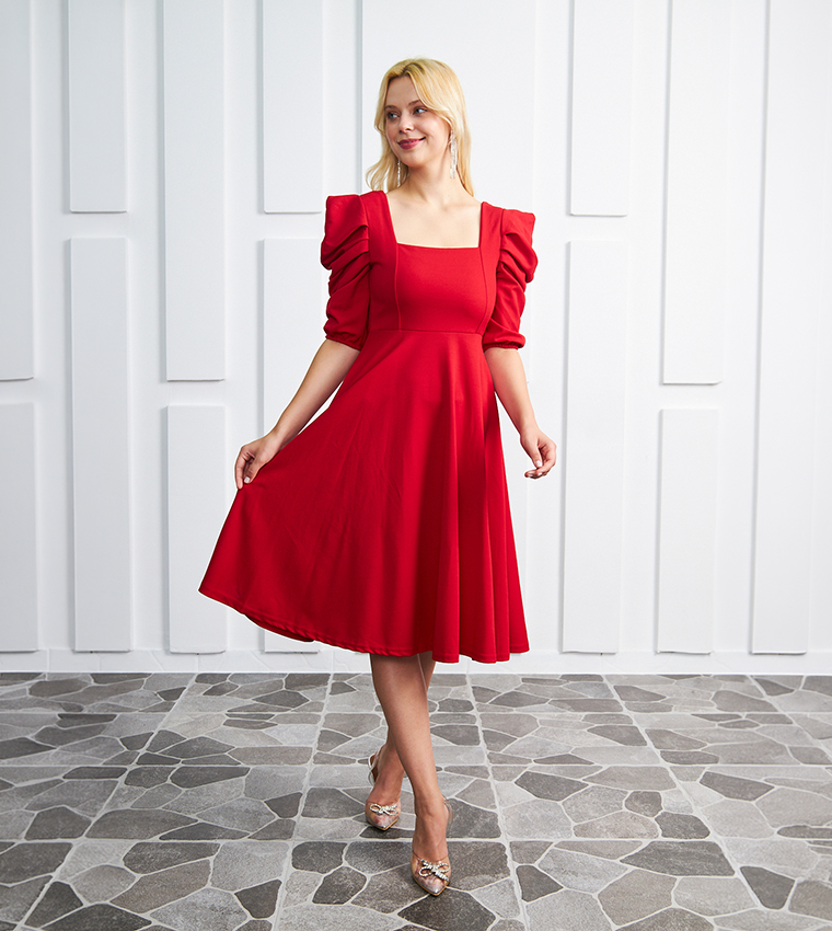 Solid Square Neck Puff Atlas Midi Dress