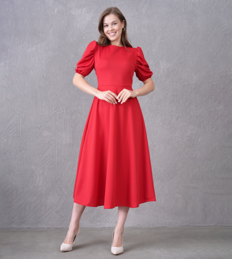Solid Puff Sleeves Flared Evening Atlas Midi Dress