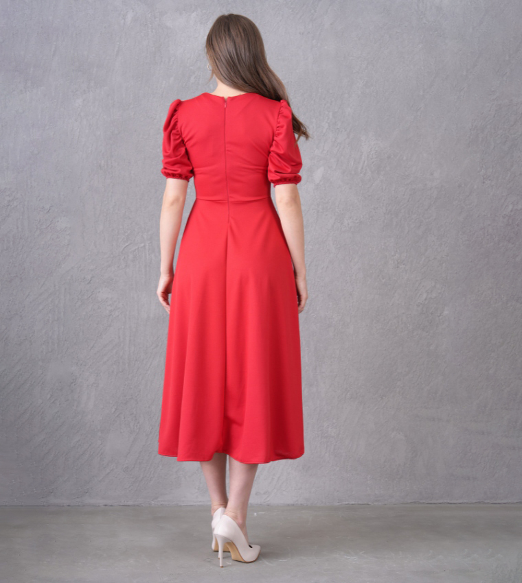 Solid Puff Sleeves Flared Evening Atlas Midi Dress