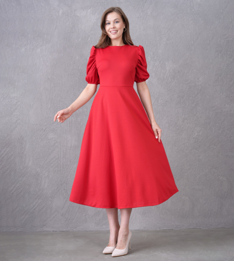 Solid Puff Sleeves Flared Evening Atlas Midi Dress