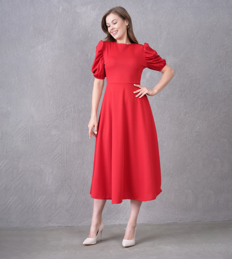 Solid Puff Sleeves Flared Evening Atlas Midi Dress