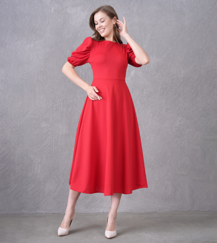 Solid Puff Sleeves Flared Evening Atlas Midi Dress