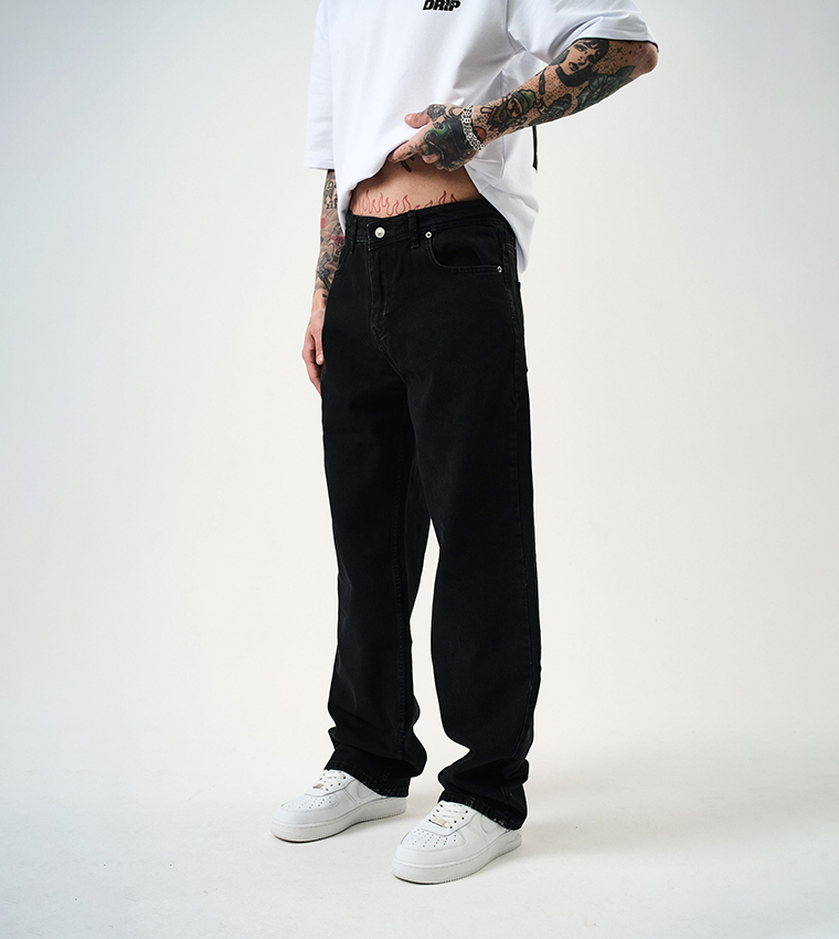 Solid Mid Rise Baggy Fit Jeans