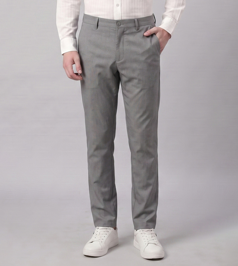 Solid Straight Fit Trousers with Button Closure