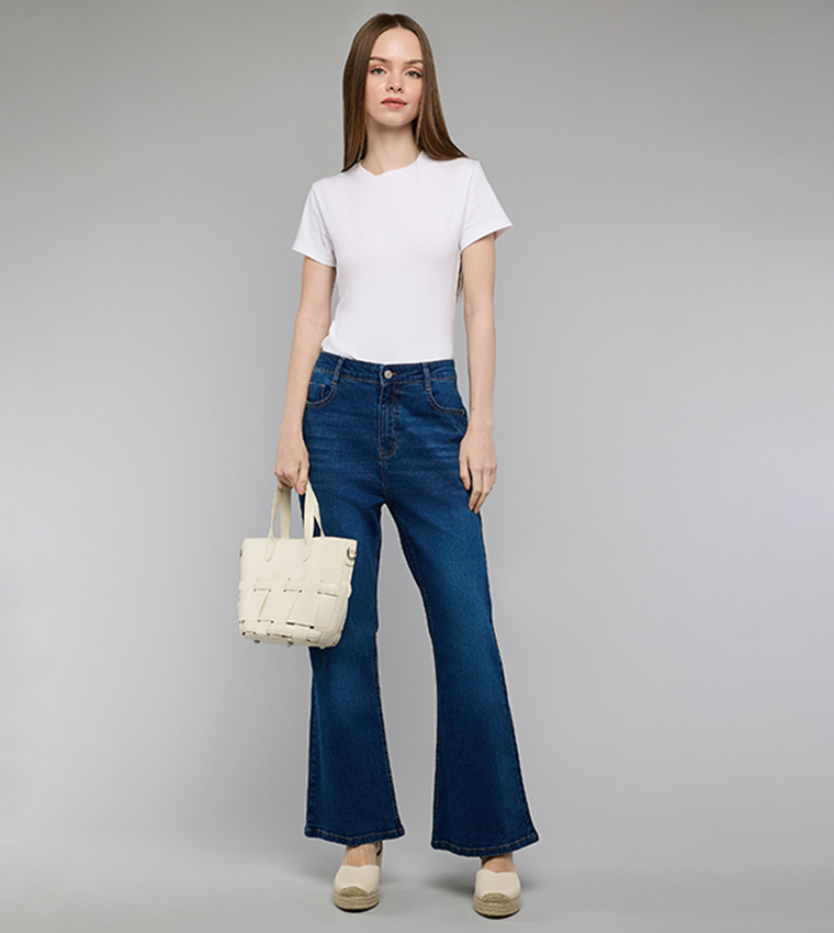 Washed Flared Jeans with Button Closure