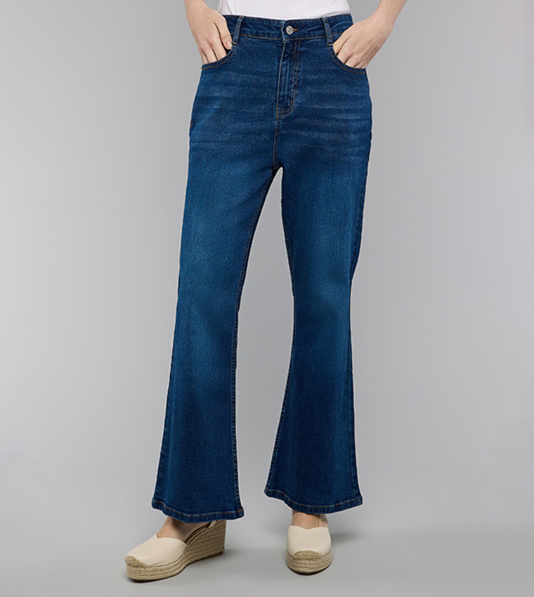 Washed Flared Jeans with Button Closure