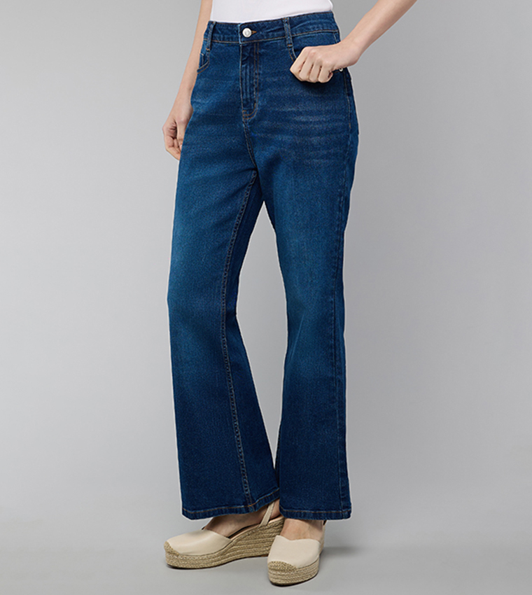 Washed Flared Jeans with Button Closure
