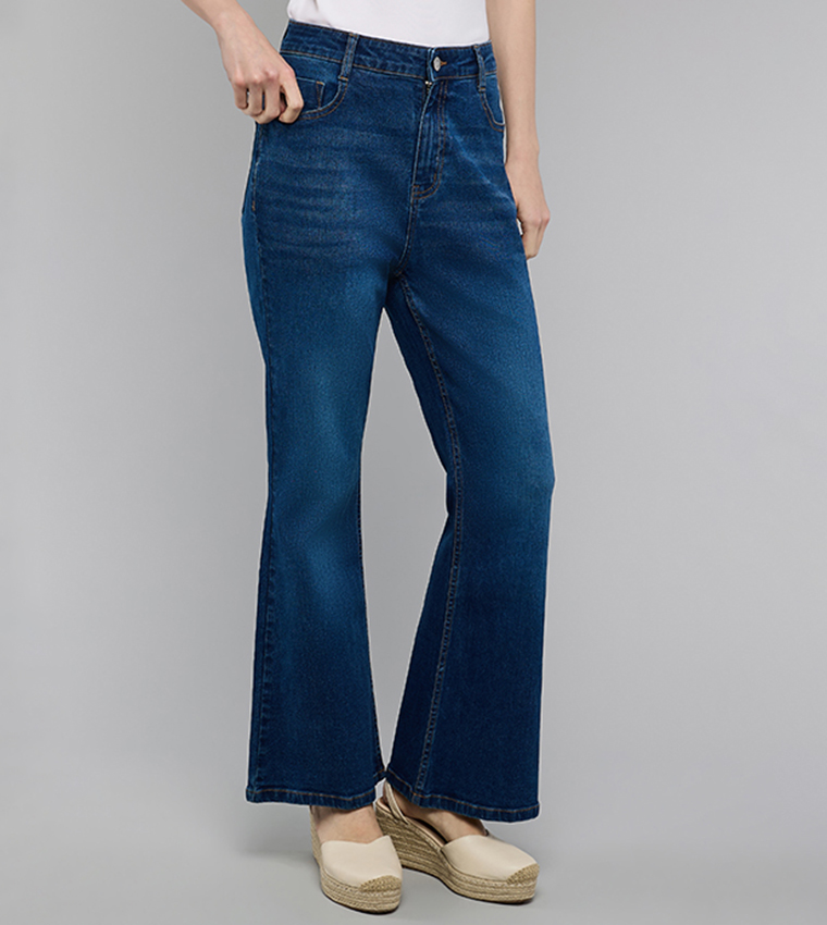 Washed Flared Jeans with Button Closure