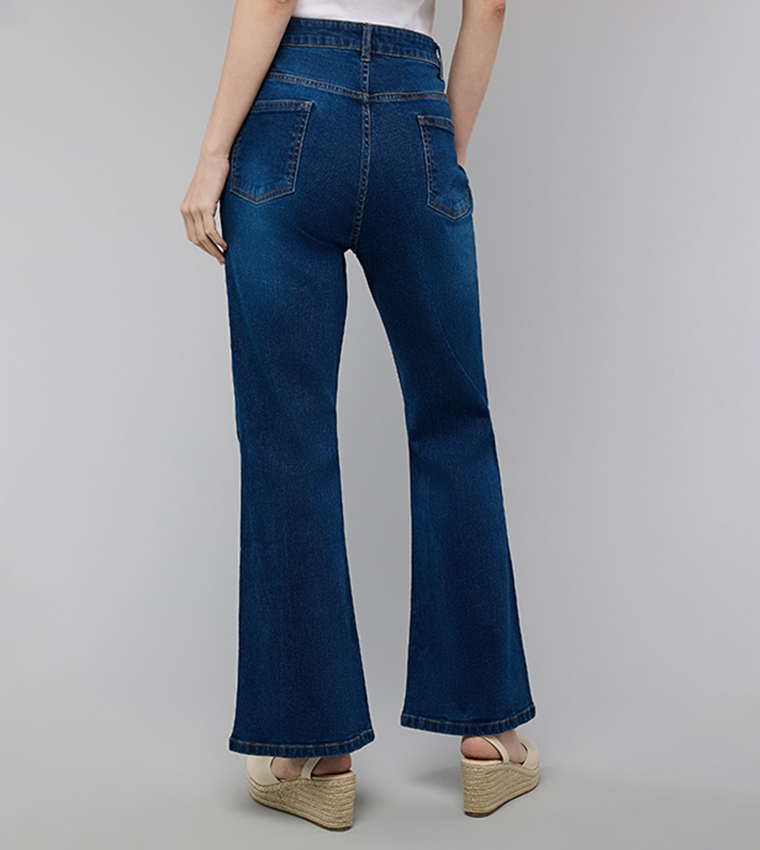 Washed Flared Jeans with Button Closure