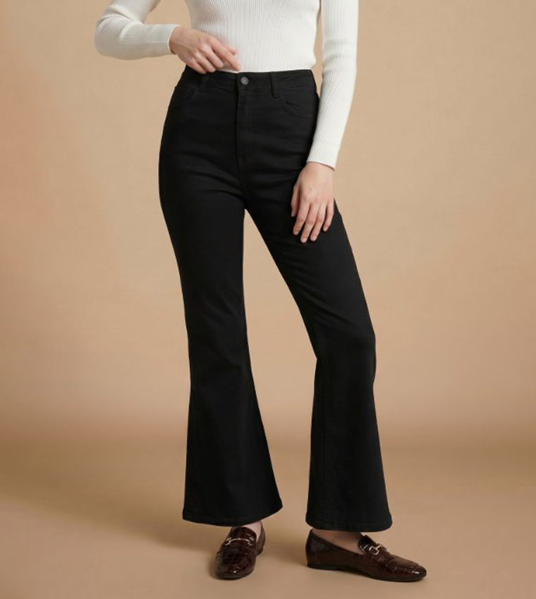 Solid Flared Jeans with Button Closure
