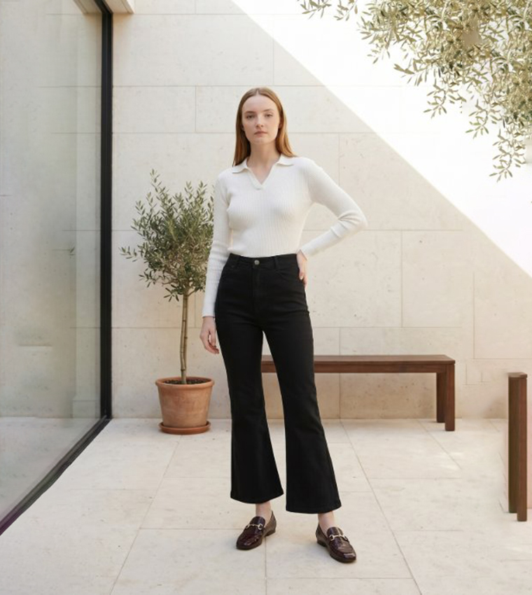 Solid Flared Jeans with Button Closure