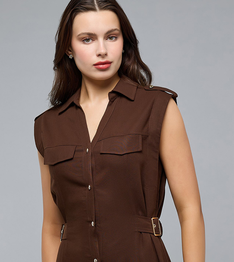 Solid Sleeveless Shirt Dress with Classic Collar