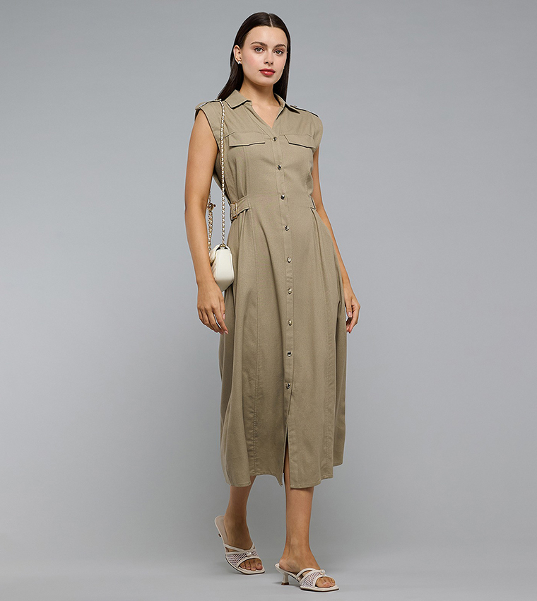 Solid Sleeveless Shirt Dress with Classic Collar