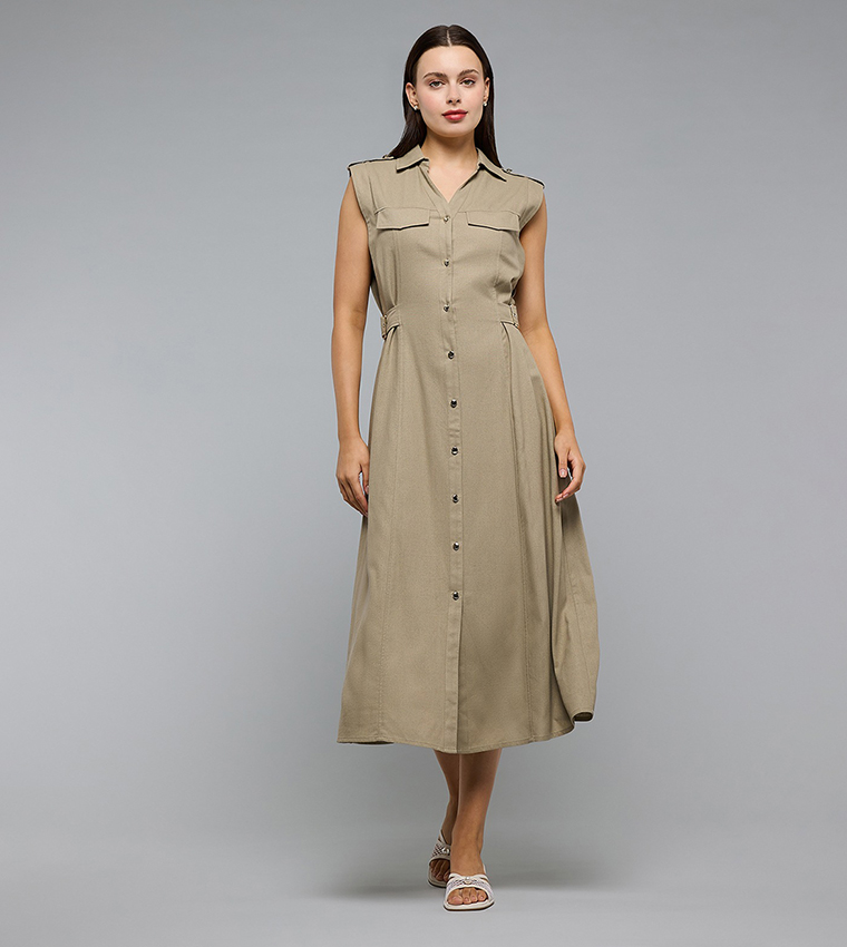 Solid Sleeveless Shirt Dress with Classic Collar
