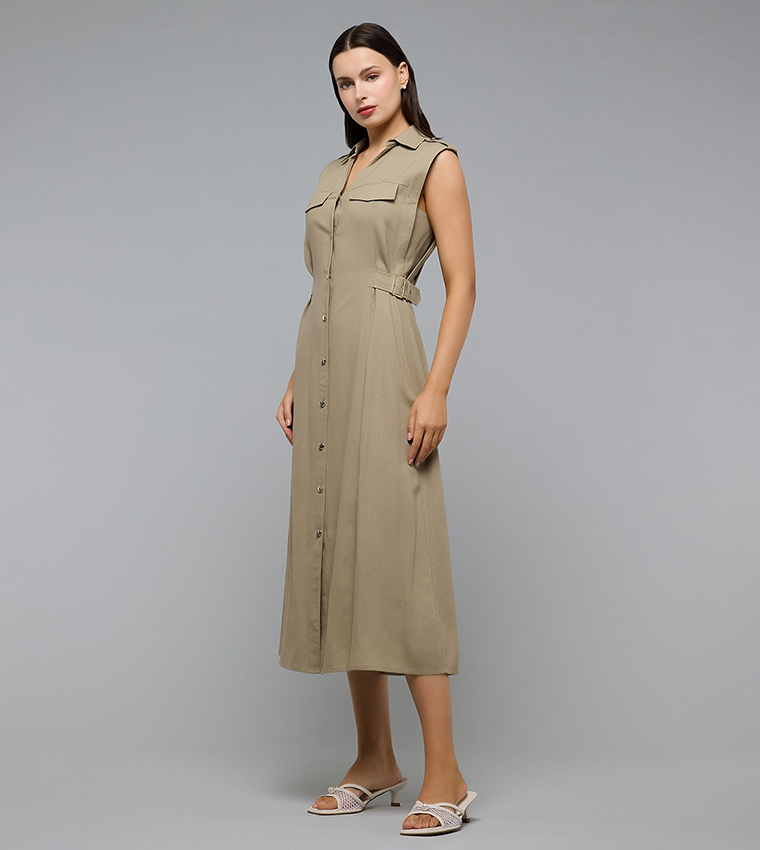 Solid Sleeveless Shirt Dress with Classic Collar