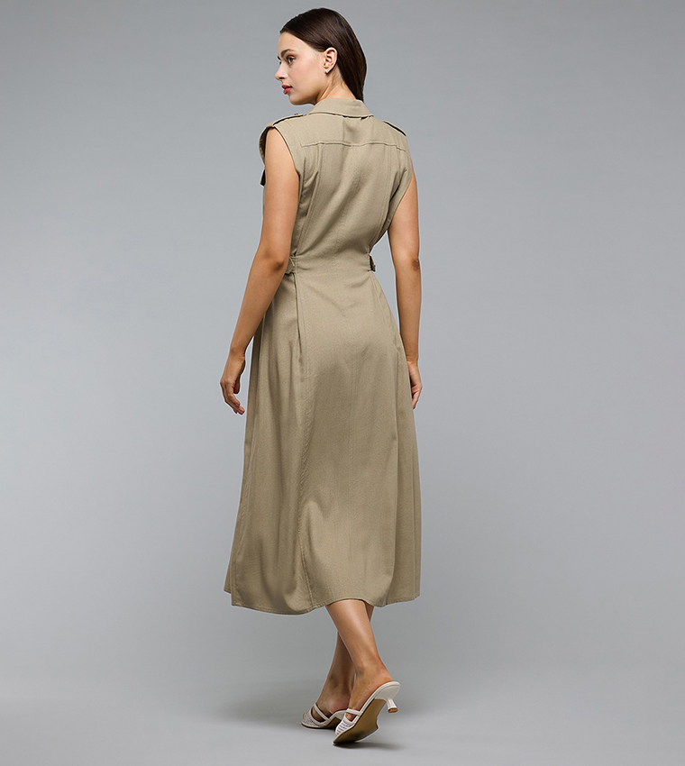 Solid Sleeveless Shirt Dress with Classic Collar