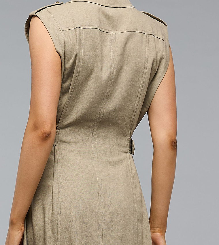 Solid Sleeveless Shirt Dress with Classic Collar