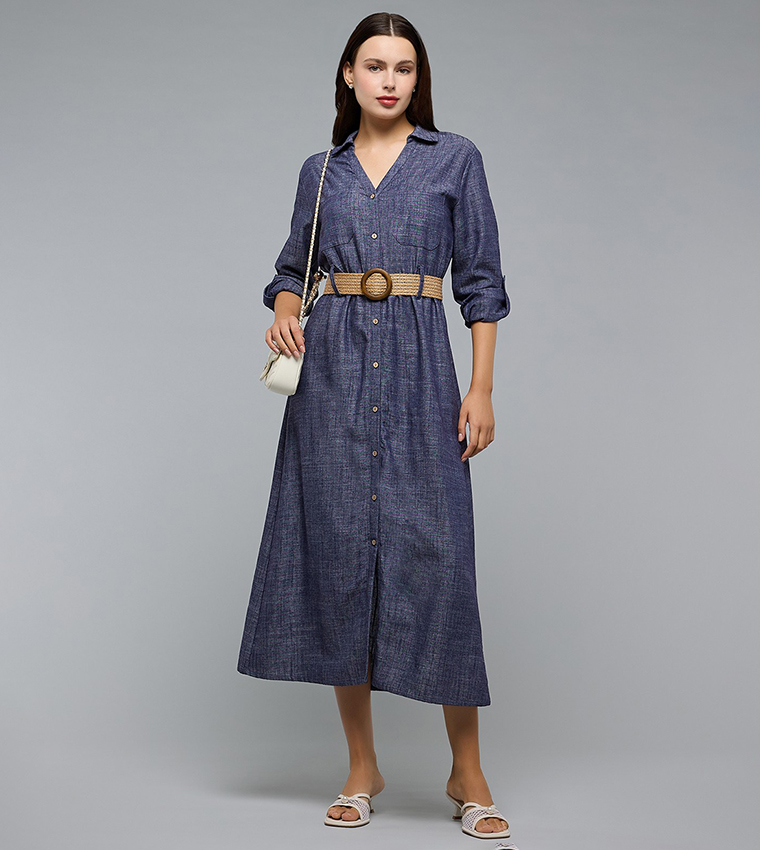 Woven Shirt Dress with Collar and Long Sleeves