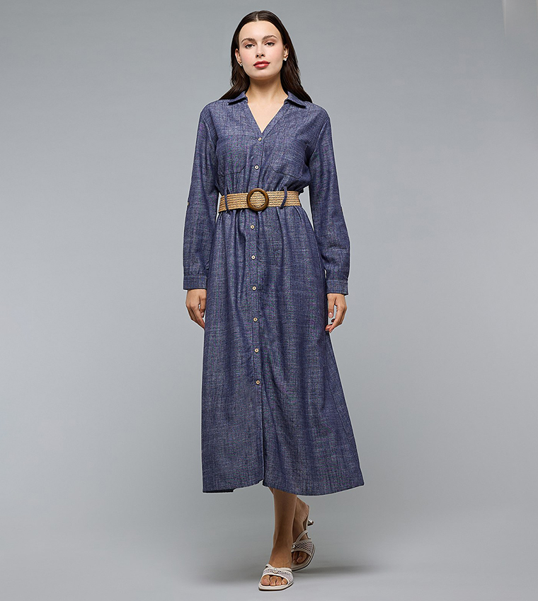 Woven Shirt Dress with Collar and Long Sleeves