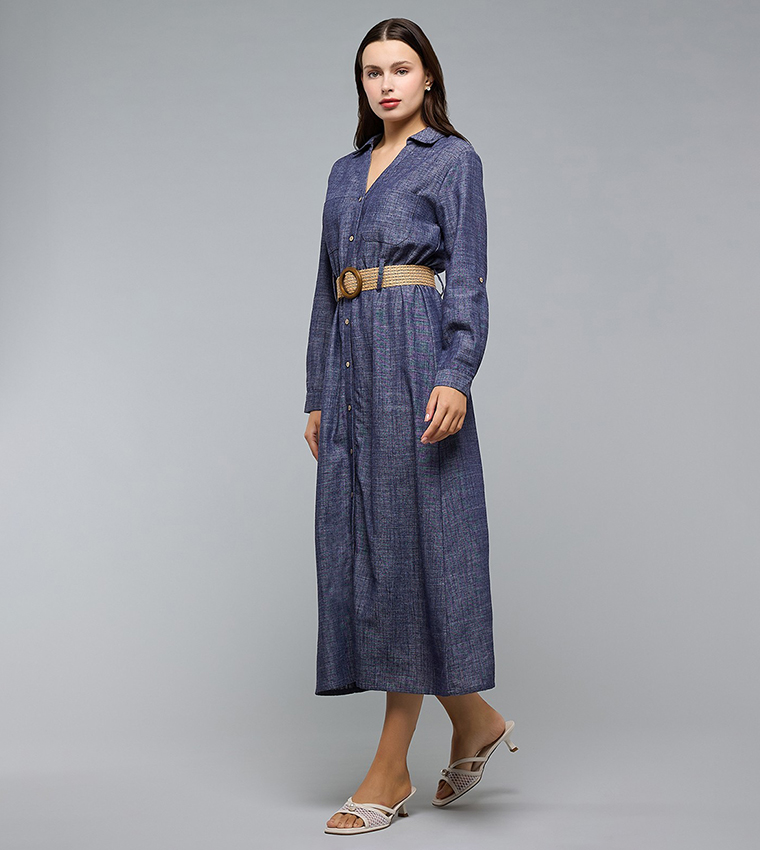 Woven Shirt Dress with Collar and Long Sleeves