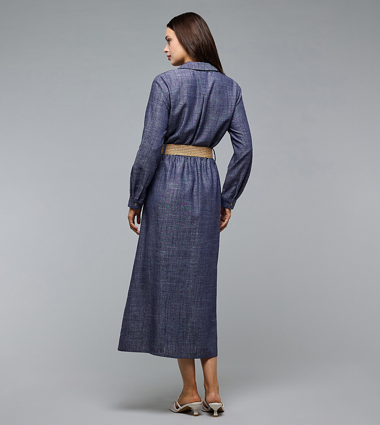 Woven Shirt Dress with Collar and Long Sleeves