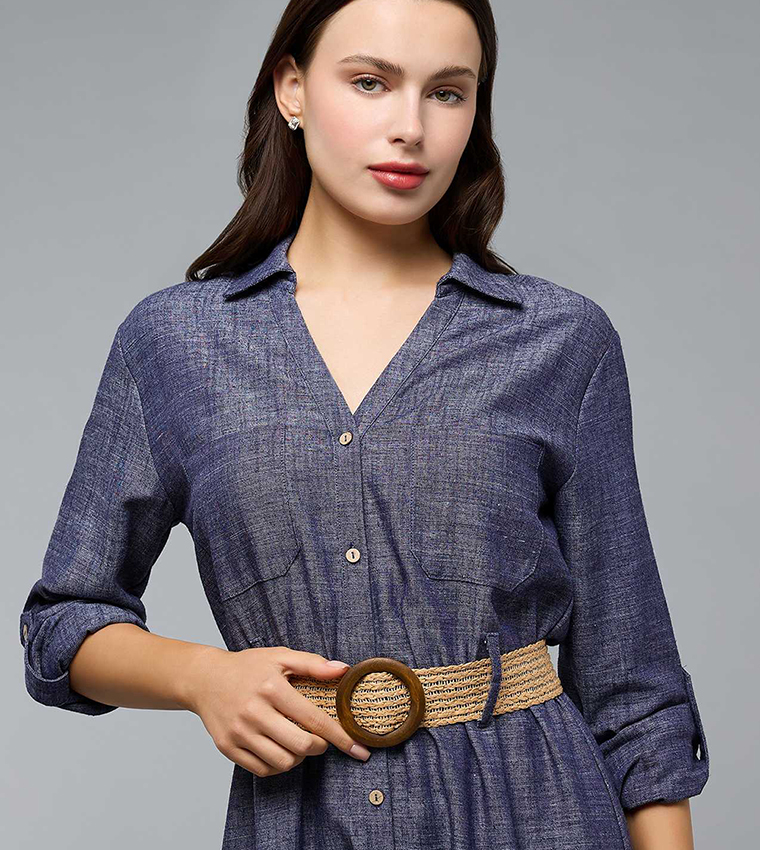 Woven Shirt Dress with Collar and Long Sleeves