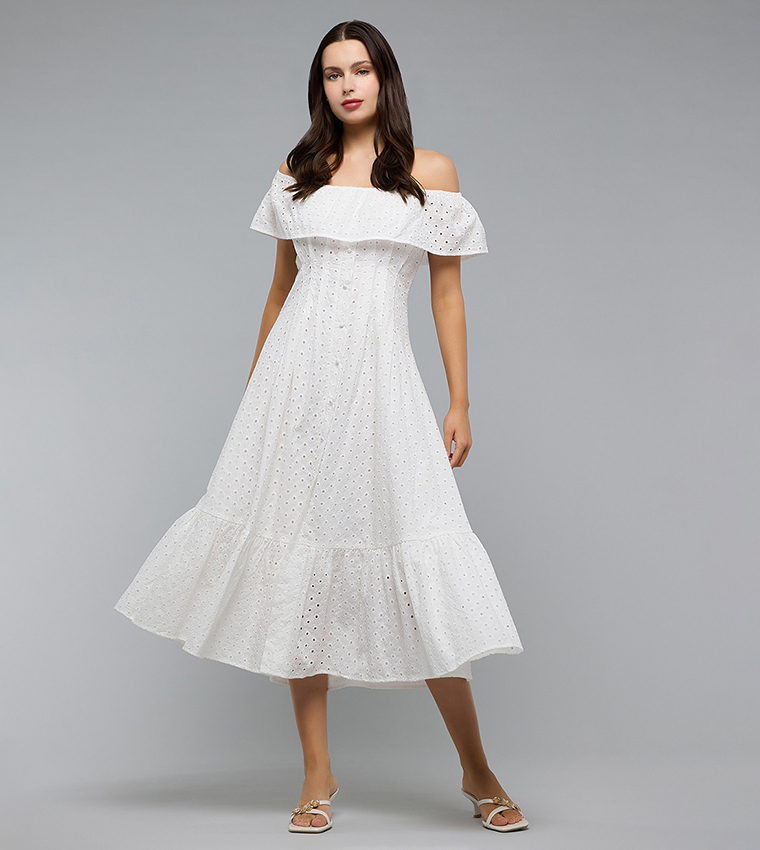 Schiffli Midi Dress with Off Shoulder