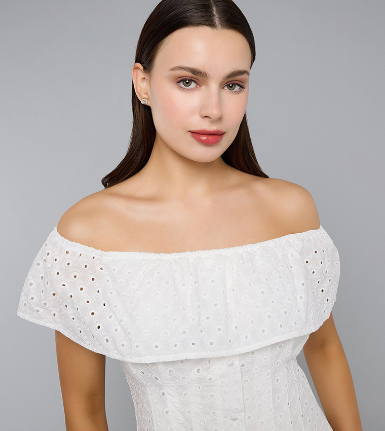 Schiffli Midi Dress with Off Shoulder