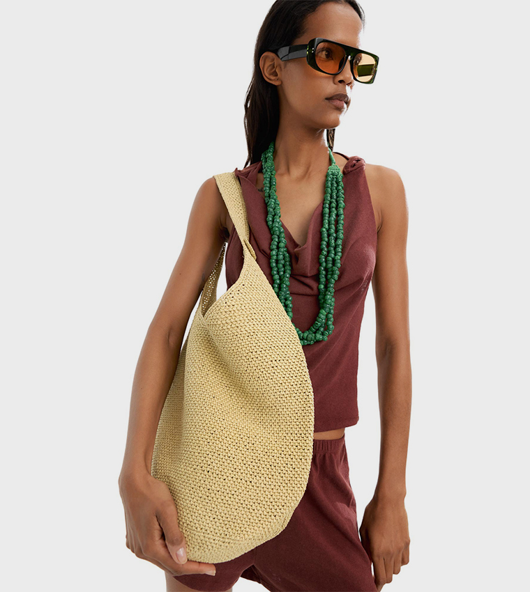 Straw Snap Button Shoulder Bag