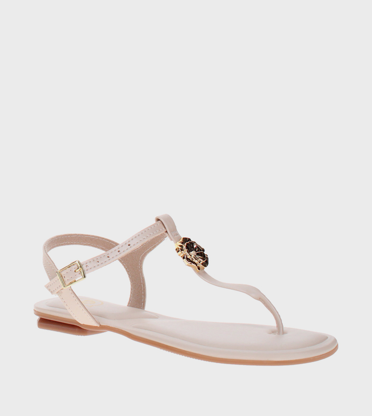 Metal Accent Thong-Strap Flat Sandals