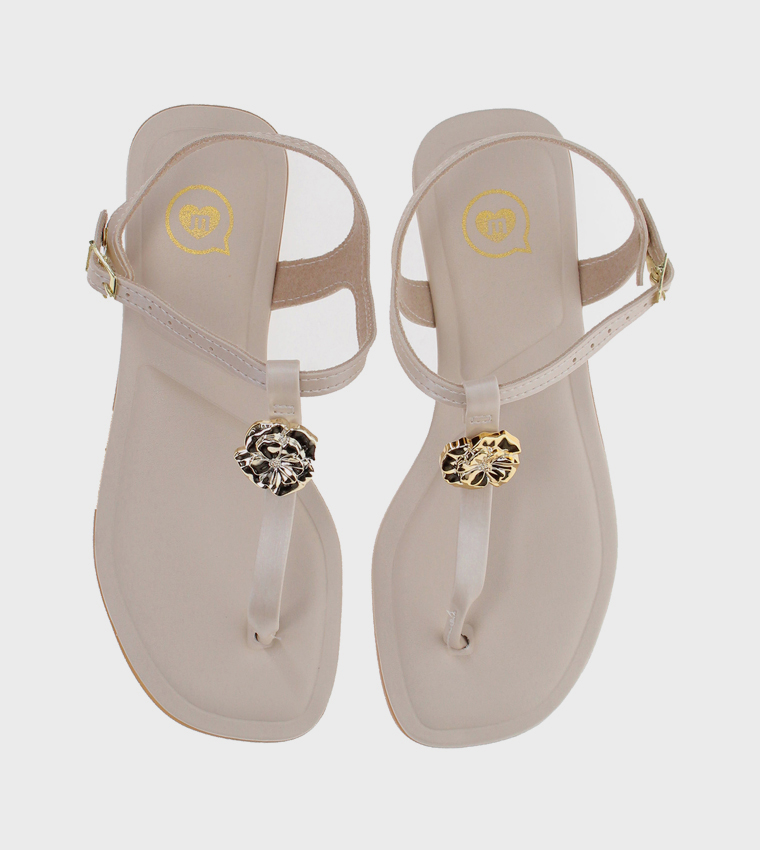 Metal Accent Thong-Strap Flat Sandals