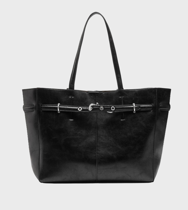 Textured Buckle Detail Tote Bag