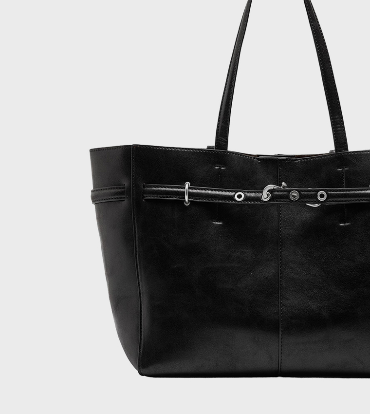 Textured Buckle Detail Tote Bag