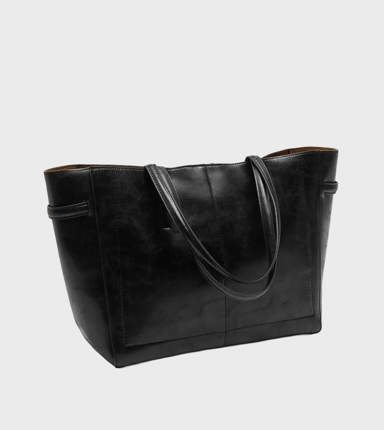 Textured Buckle Detail Tote Bag
