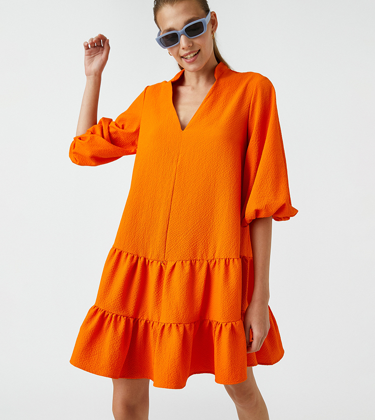 Solid Tiered V-Neck Mini Dress