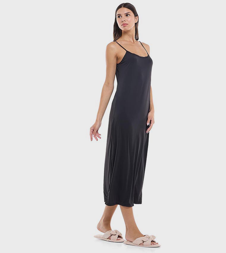 Lace Trim Strappy Nightgown with Scoop Neck