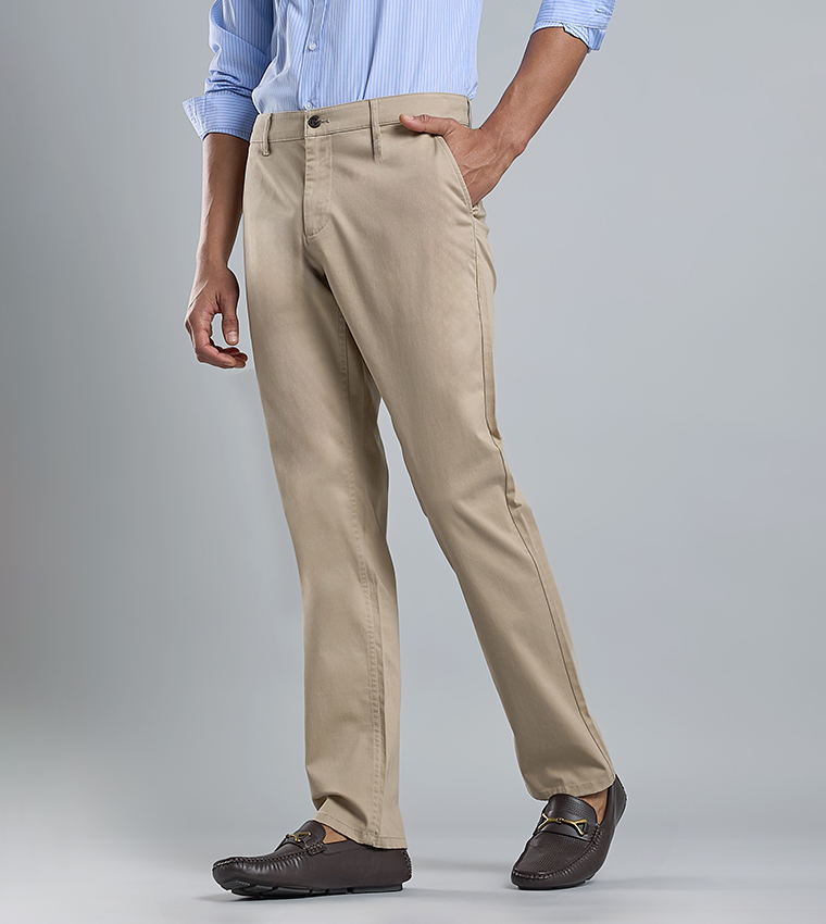 Solid Straight Fit Trousers with Button Closure