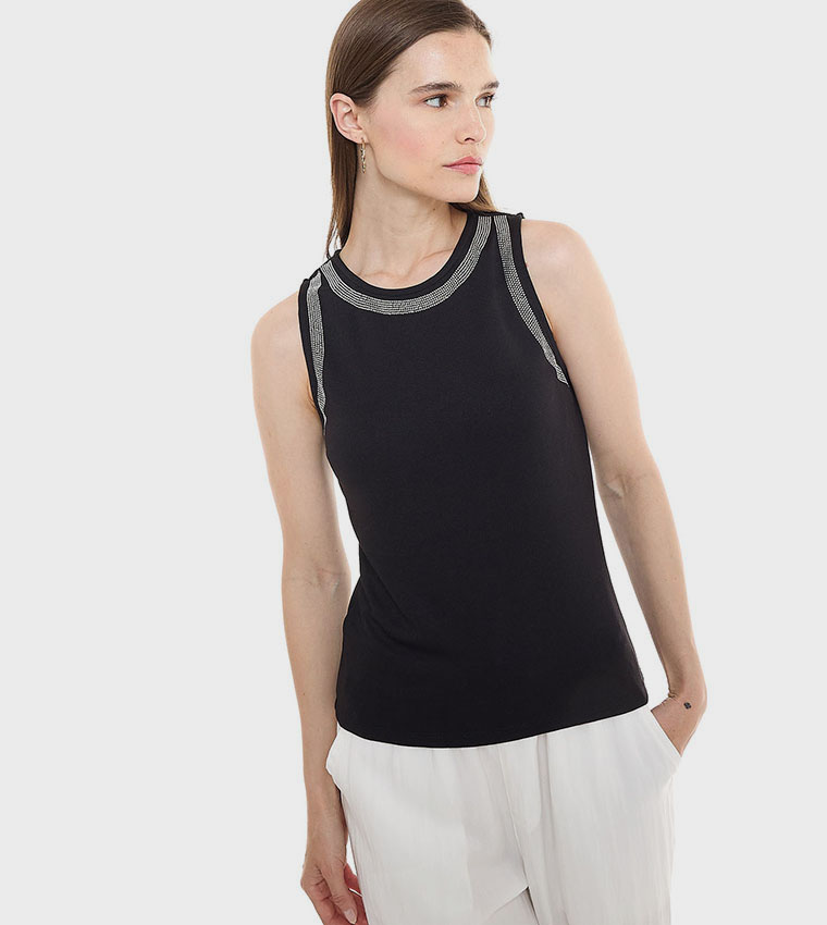 Embellished Sleeveless Top with Round Neck