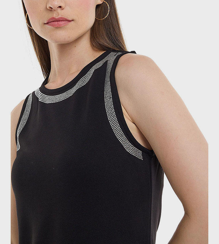 Embellished Sleeveless Top with Round Neck