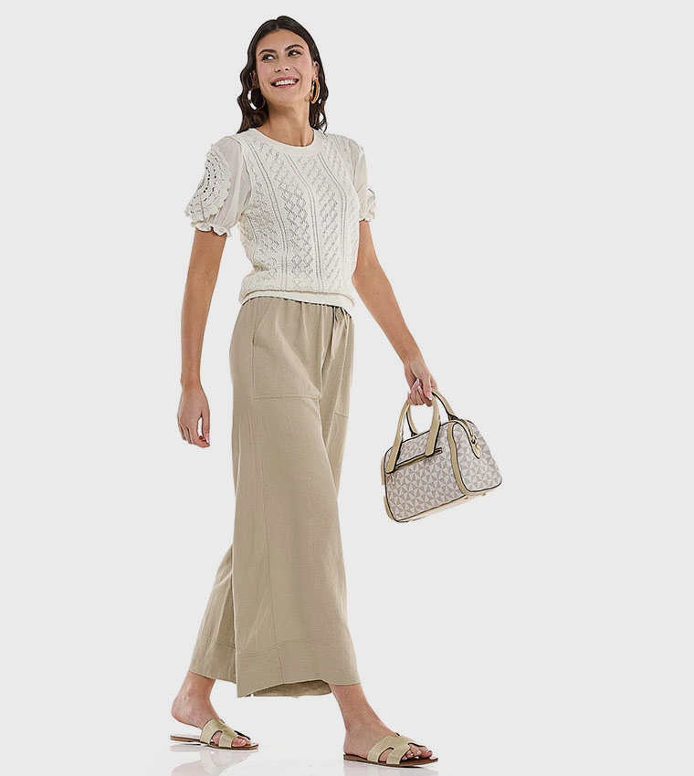 بنطال واسع سادة برباط على الخصر 