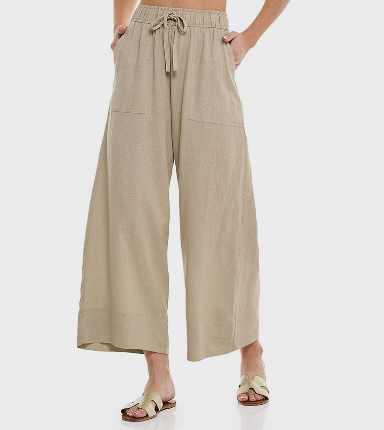 بنطال واسع سادة برباط على الخصر 