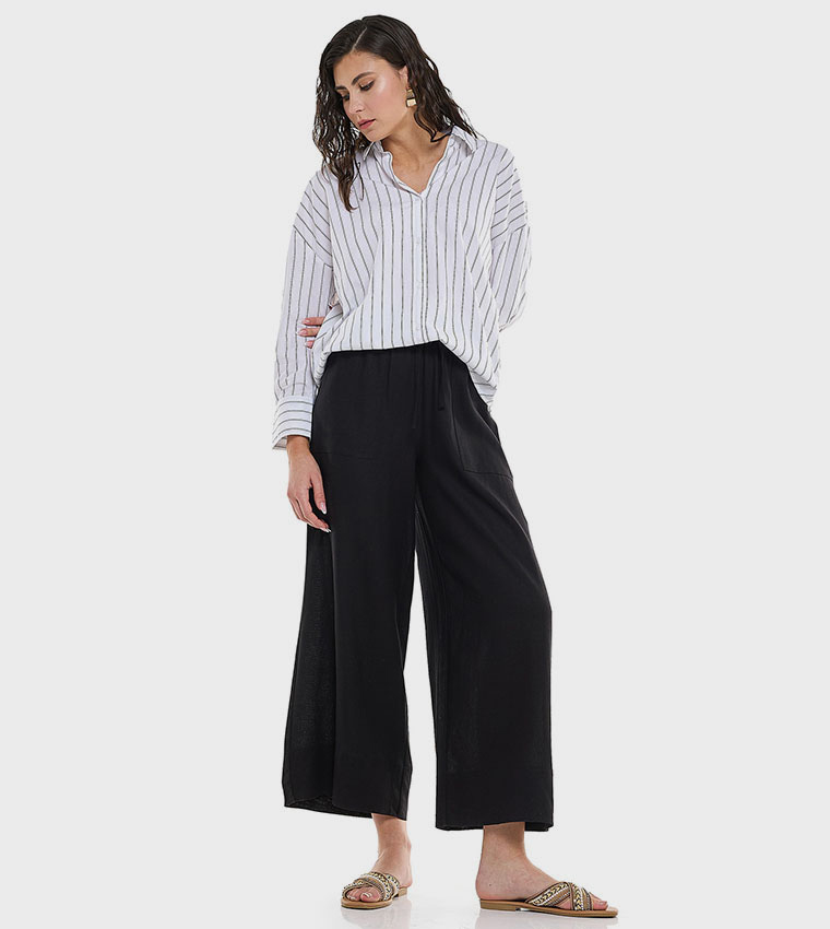 بنطال واسع سادة برباط على الخصر 