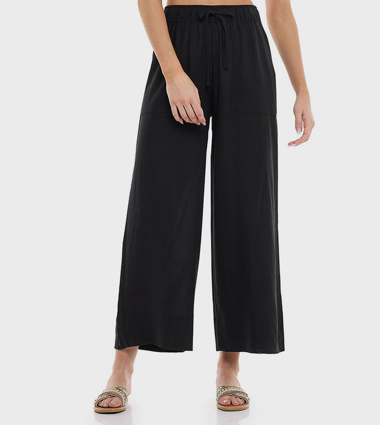 بنطال واسع سادة برباط على الخصر 